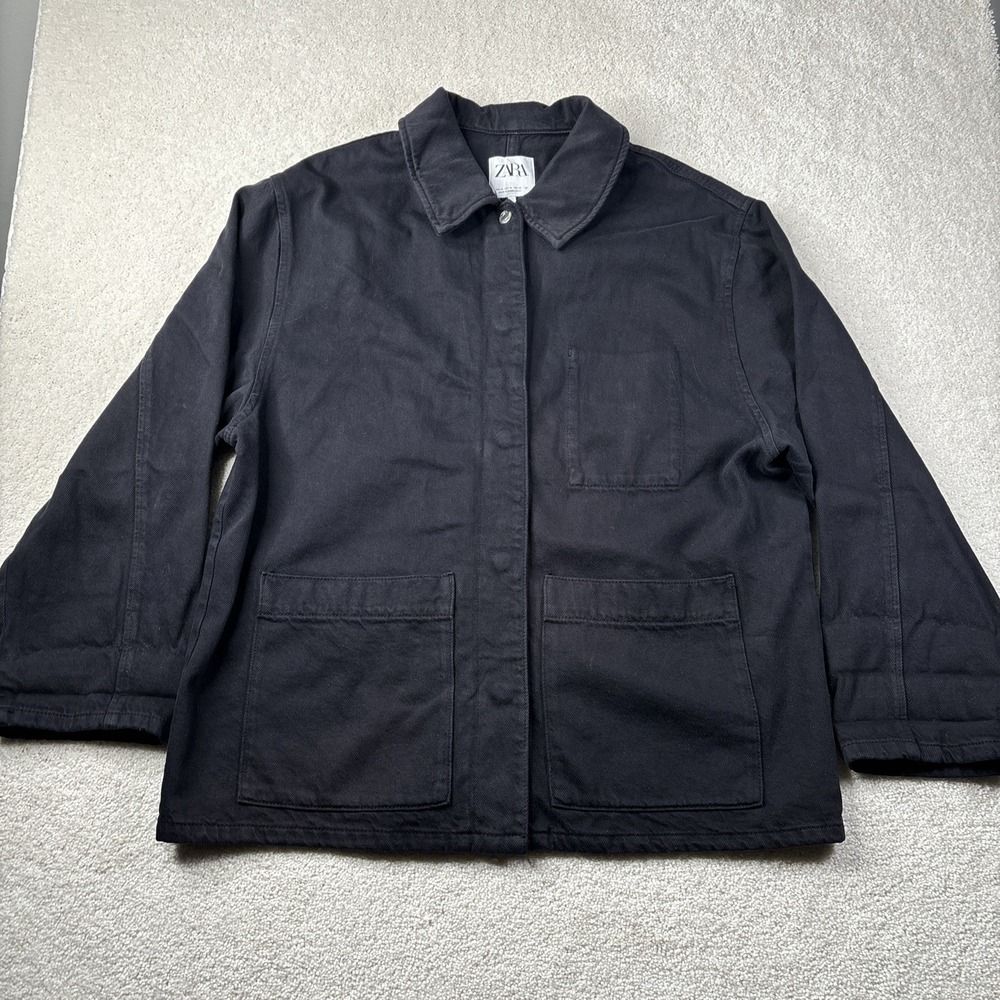 Zara Chore Jacket Men's XL Black Denim Overshirt Utility Worker Field Canvas